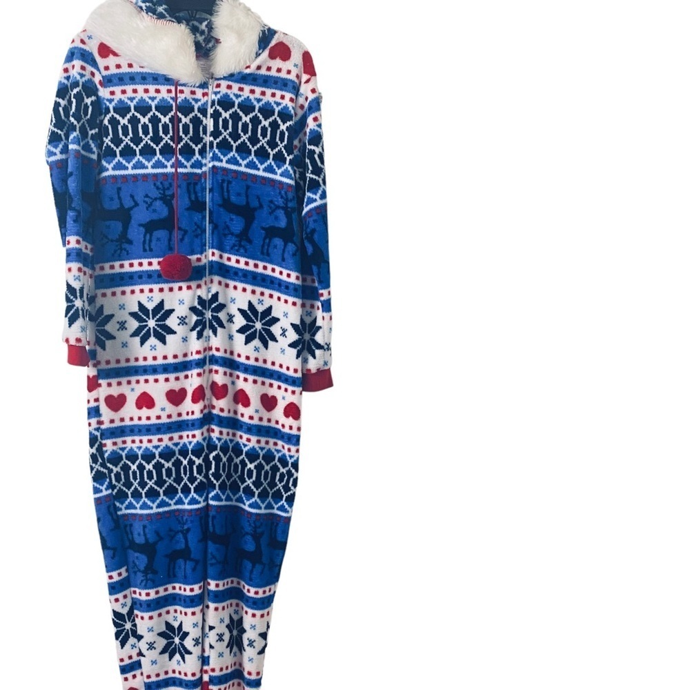 Secret Treasurers Women Holiday Hooded Pajamas Blue Red White Sz S